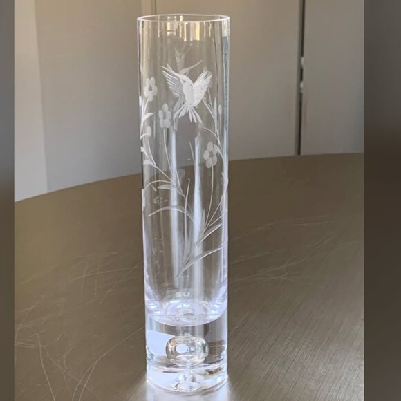 Other - Vintage Etched Frosted Hummingbird Floral Glass Bud Vase